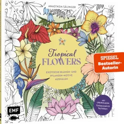 Waschbär Tropical Flowers. Exotische Blumen- und Pflanzen-Motive ausmalen. Online